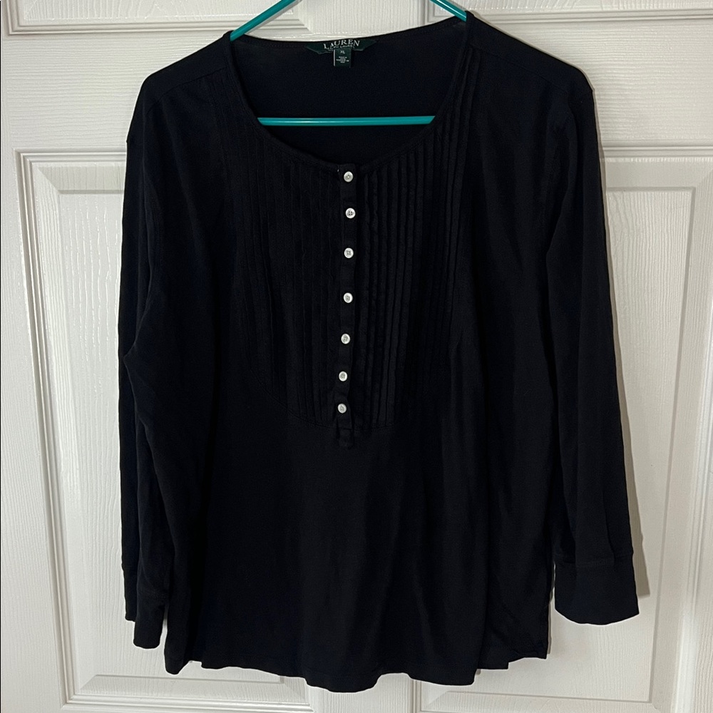 Vintage Lauren‎ Ralph Lauren Black Henley Bib Front Blouse, Sz XL